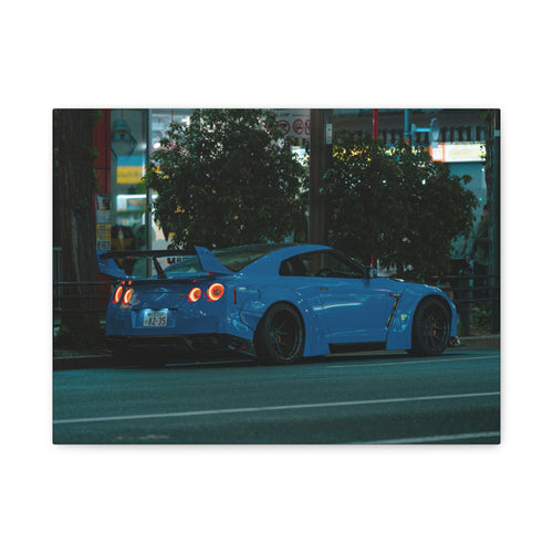 GTR R 35 Canvas Print – JDM Sports Car Wall Art for Men | Widebody Night Street Canvas Decor