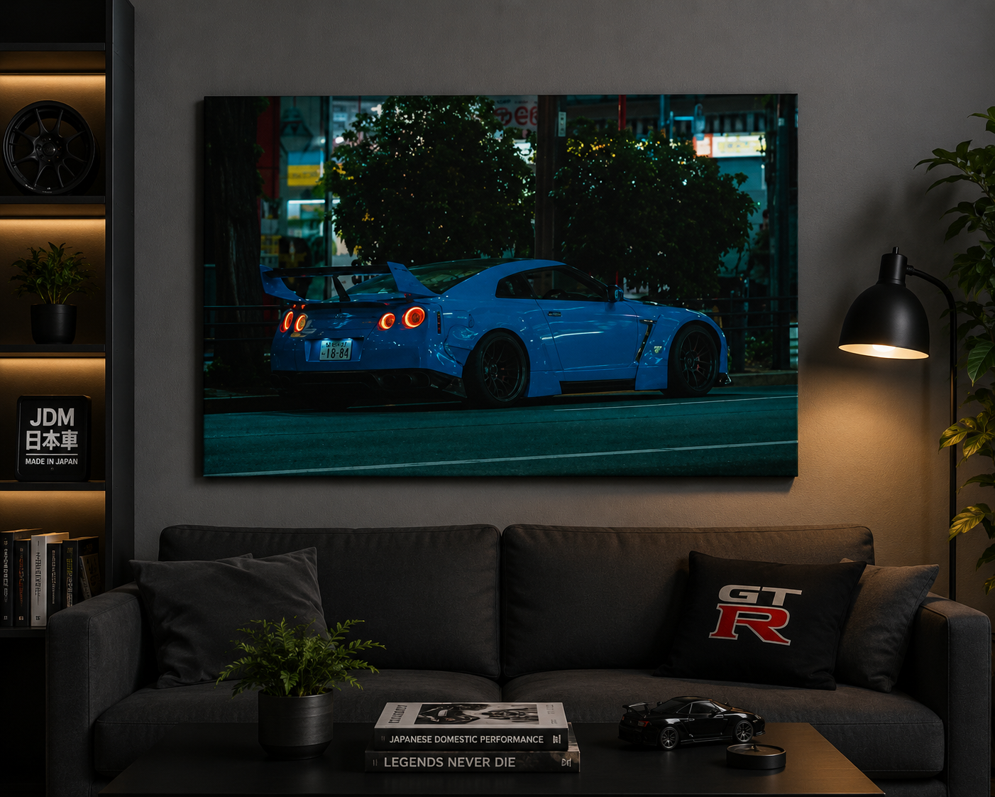 GTR R 35 Canvas Print – JDM Sports Car Wall Art for Men | Widebody Night Street Canvas Decor