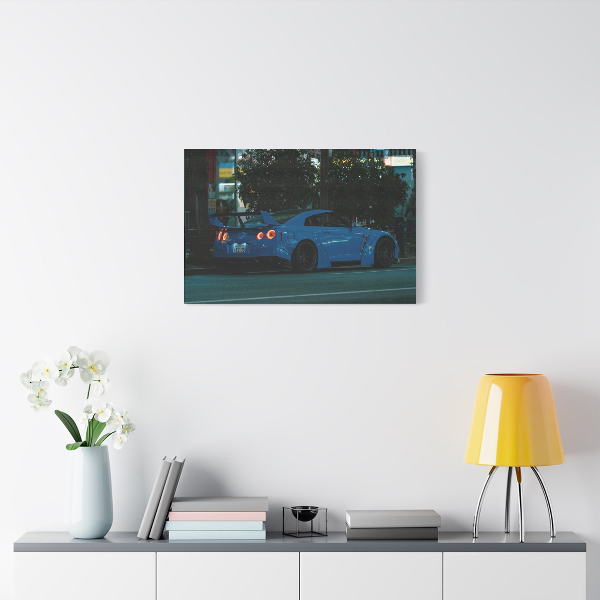 GTR R 35 Canvas Print – JDM Sports Car Wall Art for Men | Widebody Night Street Canvas Decor