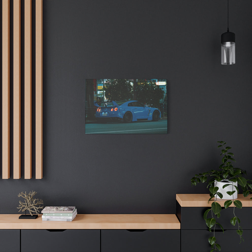 GTR R 35 Canvas Print – JDM Sports Car Wall Art for Men | Widebody Night Street Canvas Decor